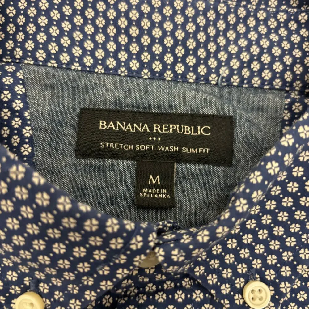 Banana Republic Mens M Slim Fit Short Sleeve Button Down Blue Print Cotton